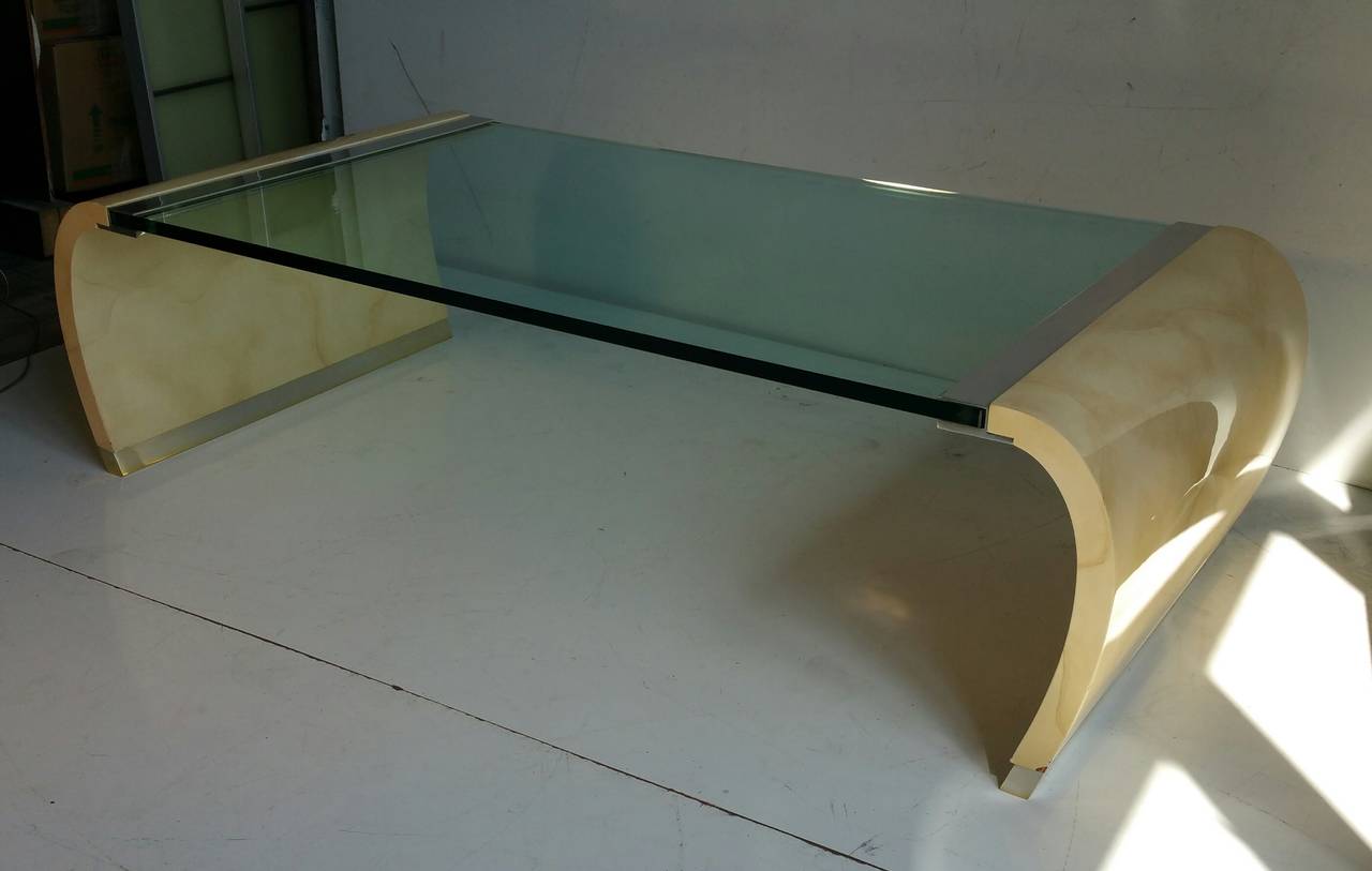Modern Glass and Lacquer Waterfall Coffee Table in the Manner of Karl Springer