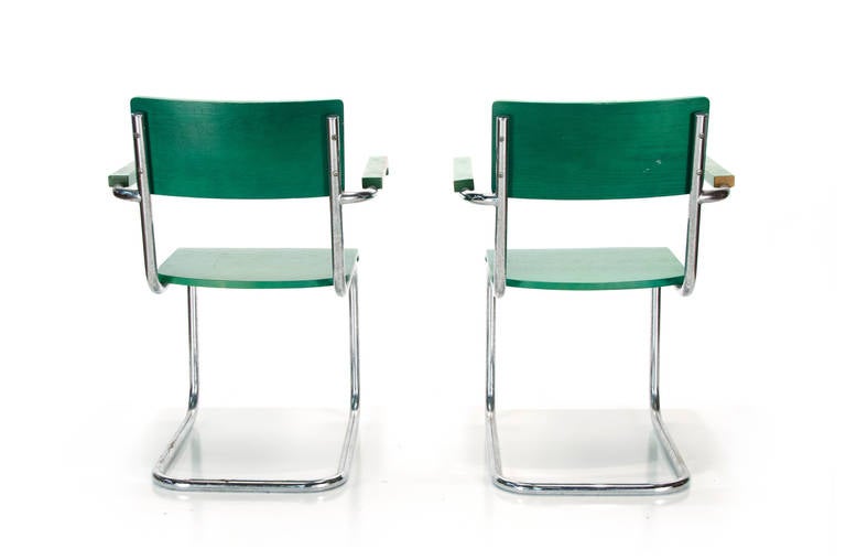 Bauhaus Pair of Marcel Breuer Cesca Chairs in Green Aniline Dye