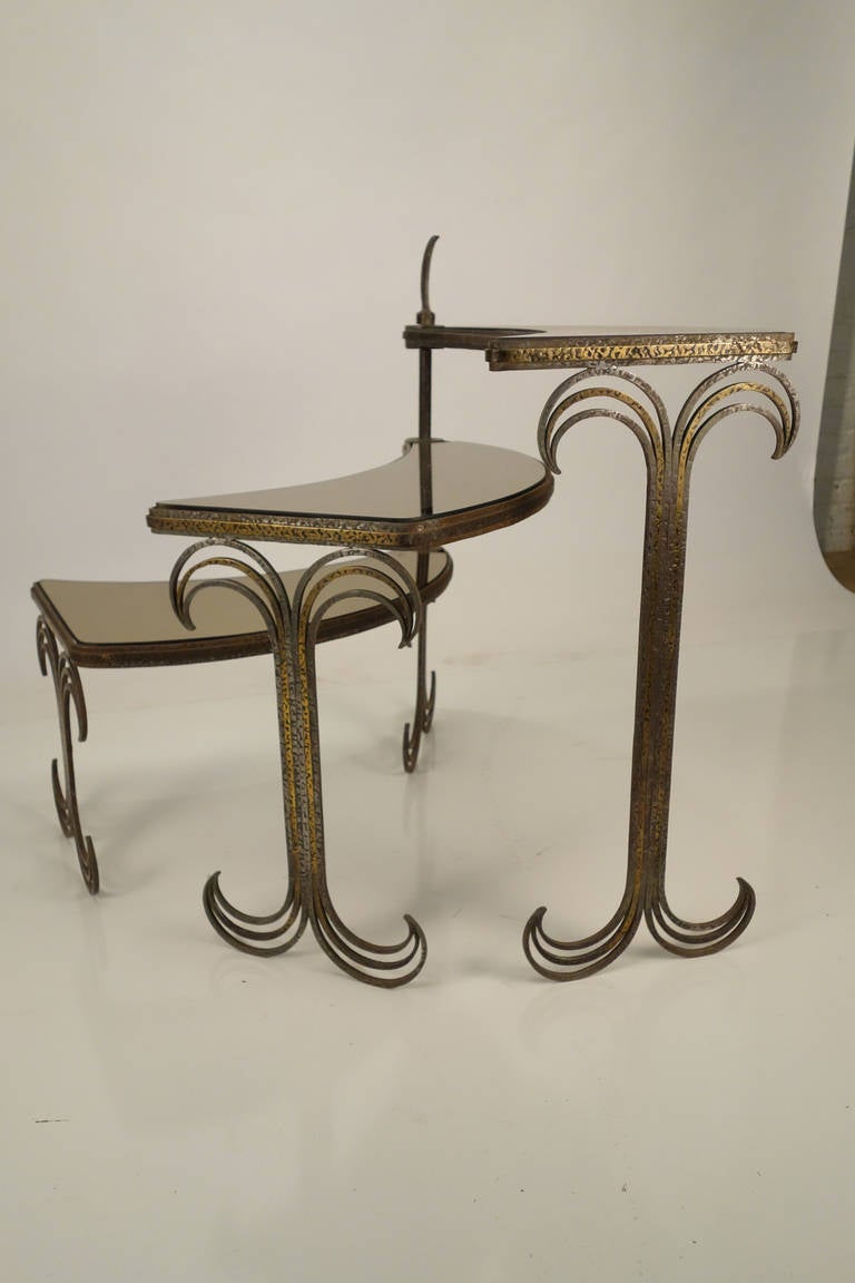 Glass Art Deco Gilt Metal, Three Tier Table or Stand, after Edgar Brant