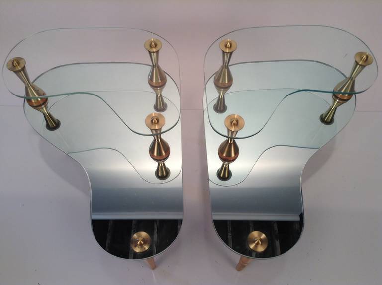 Brass Atomic Kidney Shape Mirror and Glass End Tables