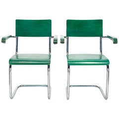 Pair of Marcel Breuer Cesca Chairs in Green Aniline Dye