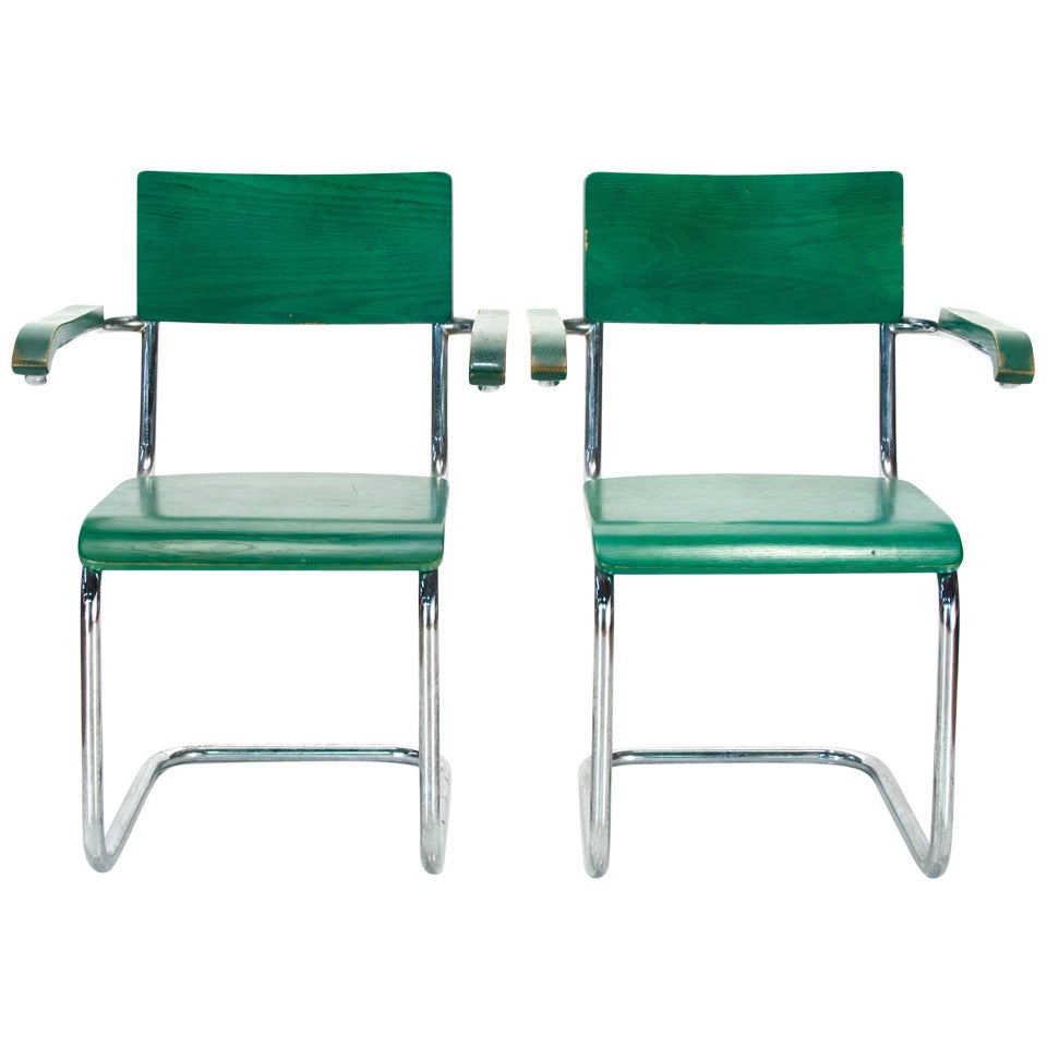 Pair of Marcel Breuer Cesca Chairs in Green Aniline Dye