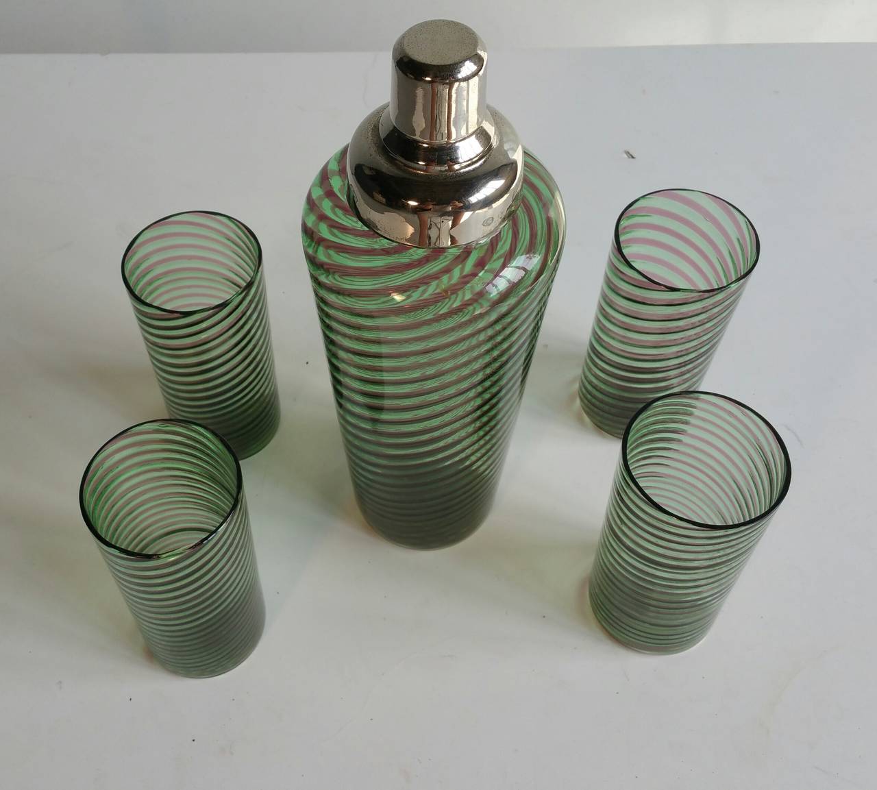 Art Glass 1950s Decanter or Vessel and Four Tumblers, in the Manner of Venini