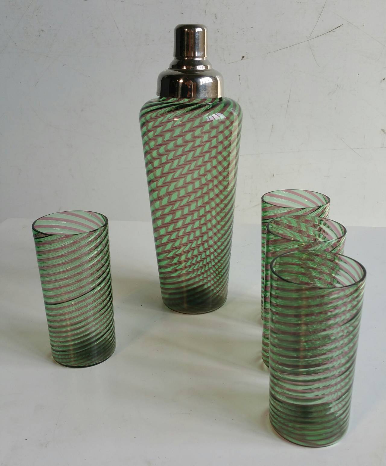 Mid-Century Modern 1950s Decanter or Vessel and Four Tumblers, in the Manner of Venini