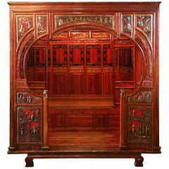 Antique Chinese Carved Canopy Bed with Alcove