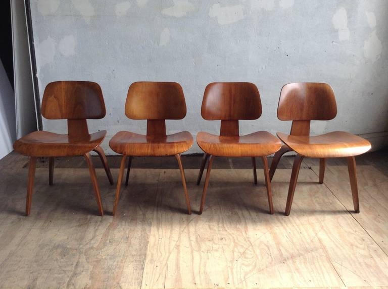 Nice early example,Second year production. Matched set of four dining chairs designed by Charles and Ray Eames,, manufactured by Herman Miller,nice consistant age appropriate wear,,Chairs were sent back to Herman Miller over ten years ago to replace