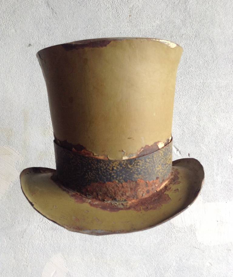 Arts and Crafts Top Hat Trade sign with original iron bracket, late 1800's