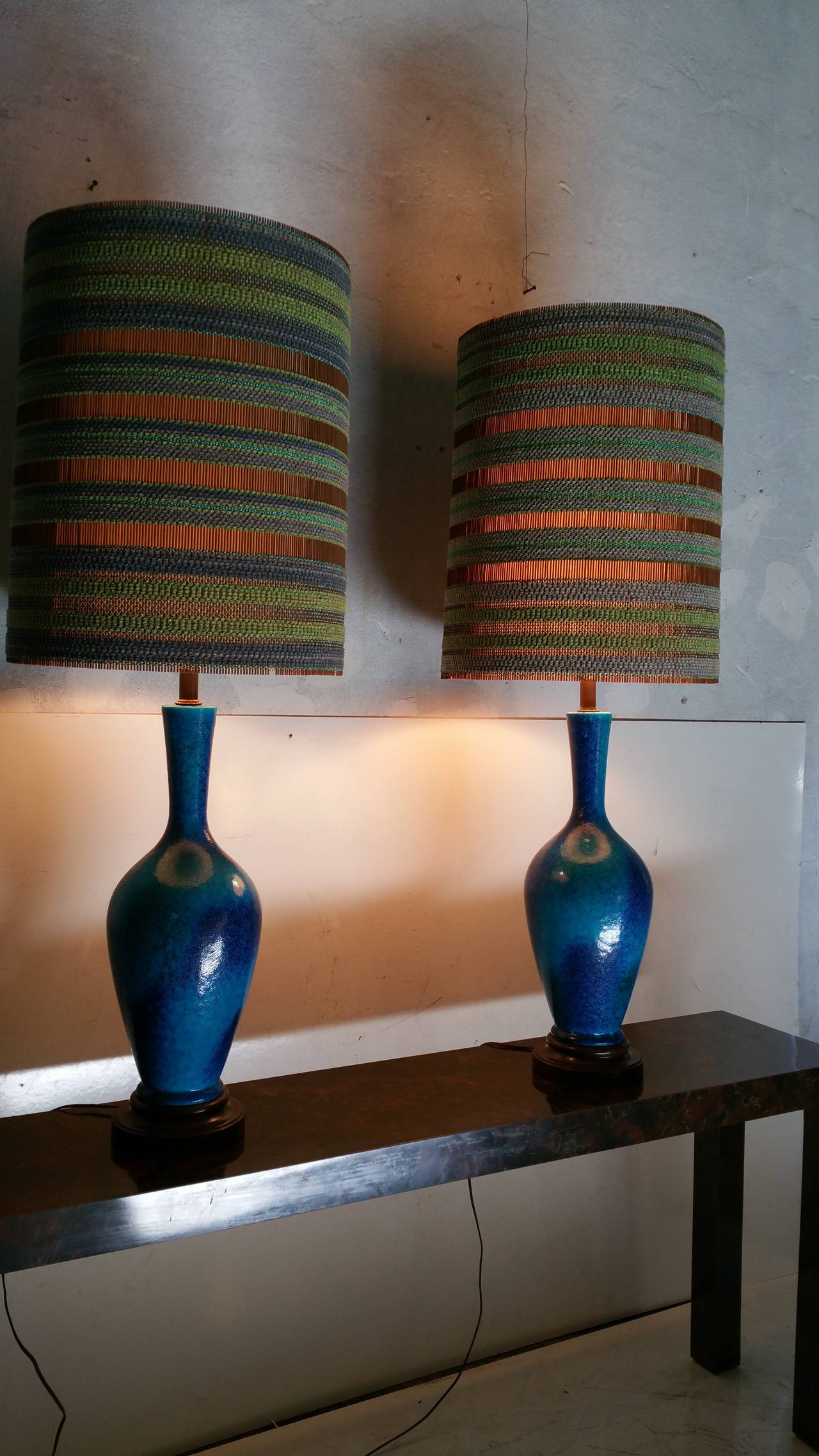 20th Century Monumental French Ceramic Pottery Table Lamps with Maria Kipp Shades