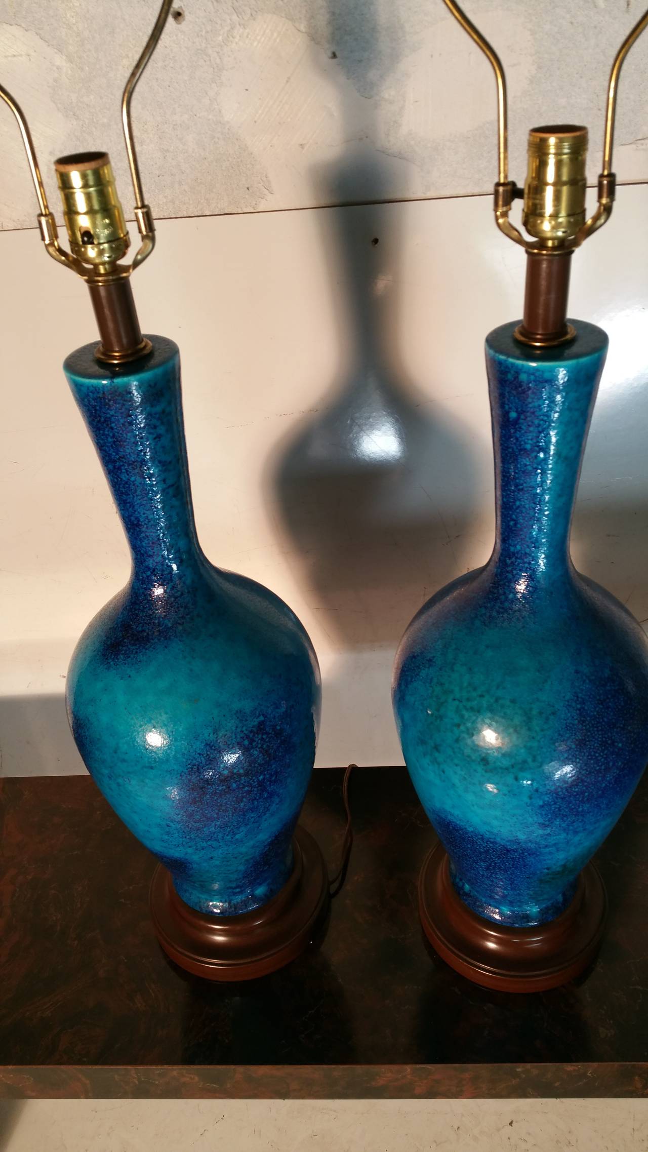 Monumental French Ceramic Pottery Table Lamps with Maria Kipp Shades In Good Condition In Buffalo, NY