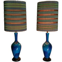 Vintage Monumental French Ceramic Pottery Table Lamps with Maria Kipp Shades