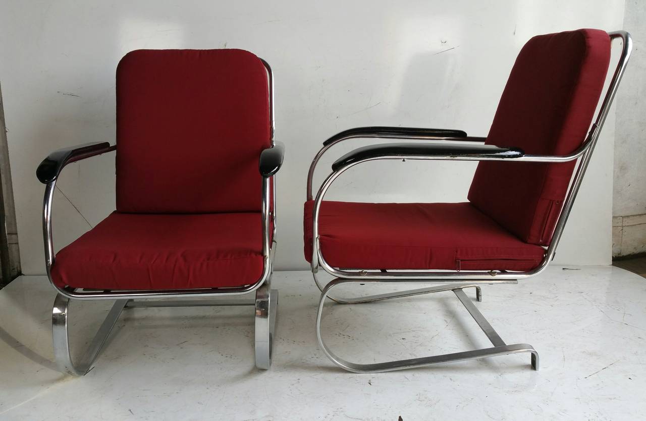 Classic pair of chromed steel springer chairs designed by K E M  Weber made by LLoyd Manufacturing Co.,Extremely comfortable,,Recently reupholstered,,Art Deco,, Machine Age design