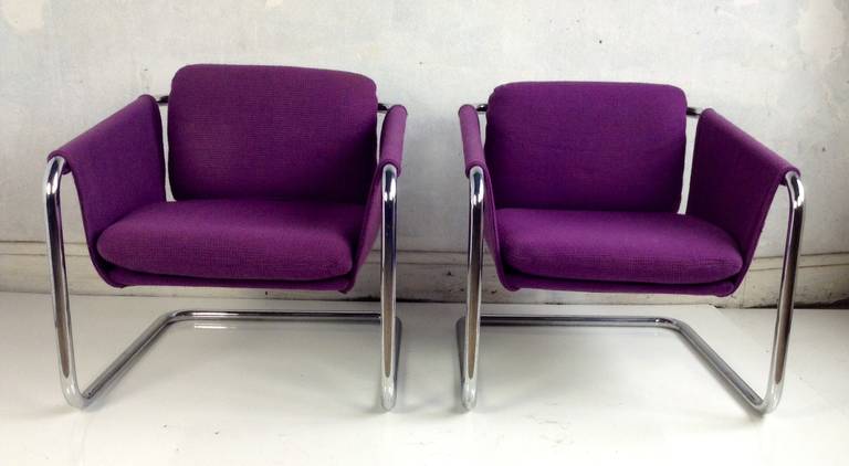 American Pair of 1970s Tubular Chromed Sling Chairs, Space Age, Thonet