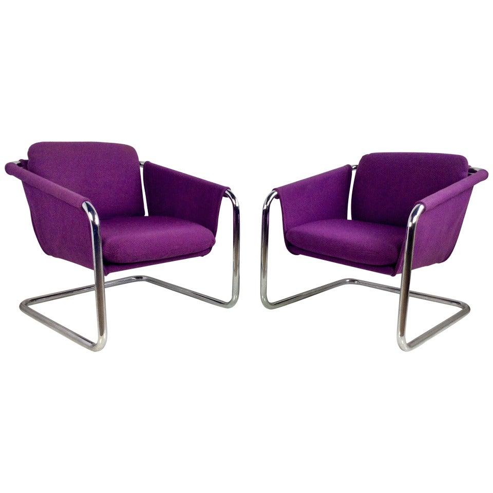 Pair of 1970s Tubular Chromed Sling Chairs, Space Age, Thonet