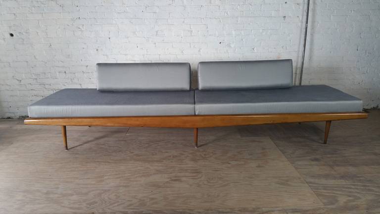Manner of George Nelson,,Pearsall. wonderful long ,low sofa/daybed,, Solid walnut construction,Newly reupholstered in ice blue silk fabric,