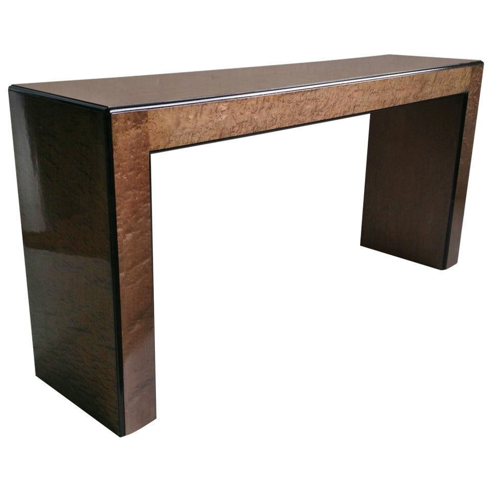 Classis 70's Parson Style Console table. quilted maple