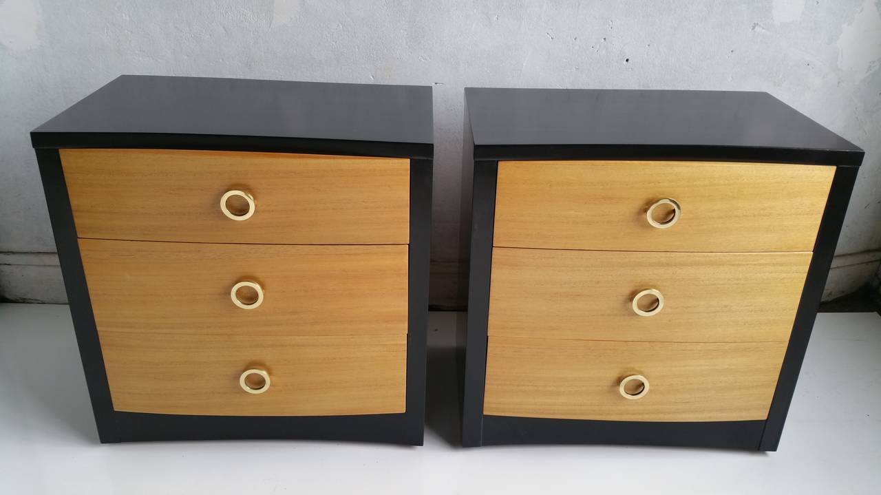 Sleek ,Elegant Styling.. Matched Pair of Modernist Chests,,Dressers.WMatte Black Laquer and Blonde Mahogany,, Polished Brass 'Ring pulls..