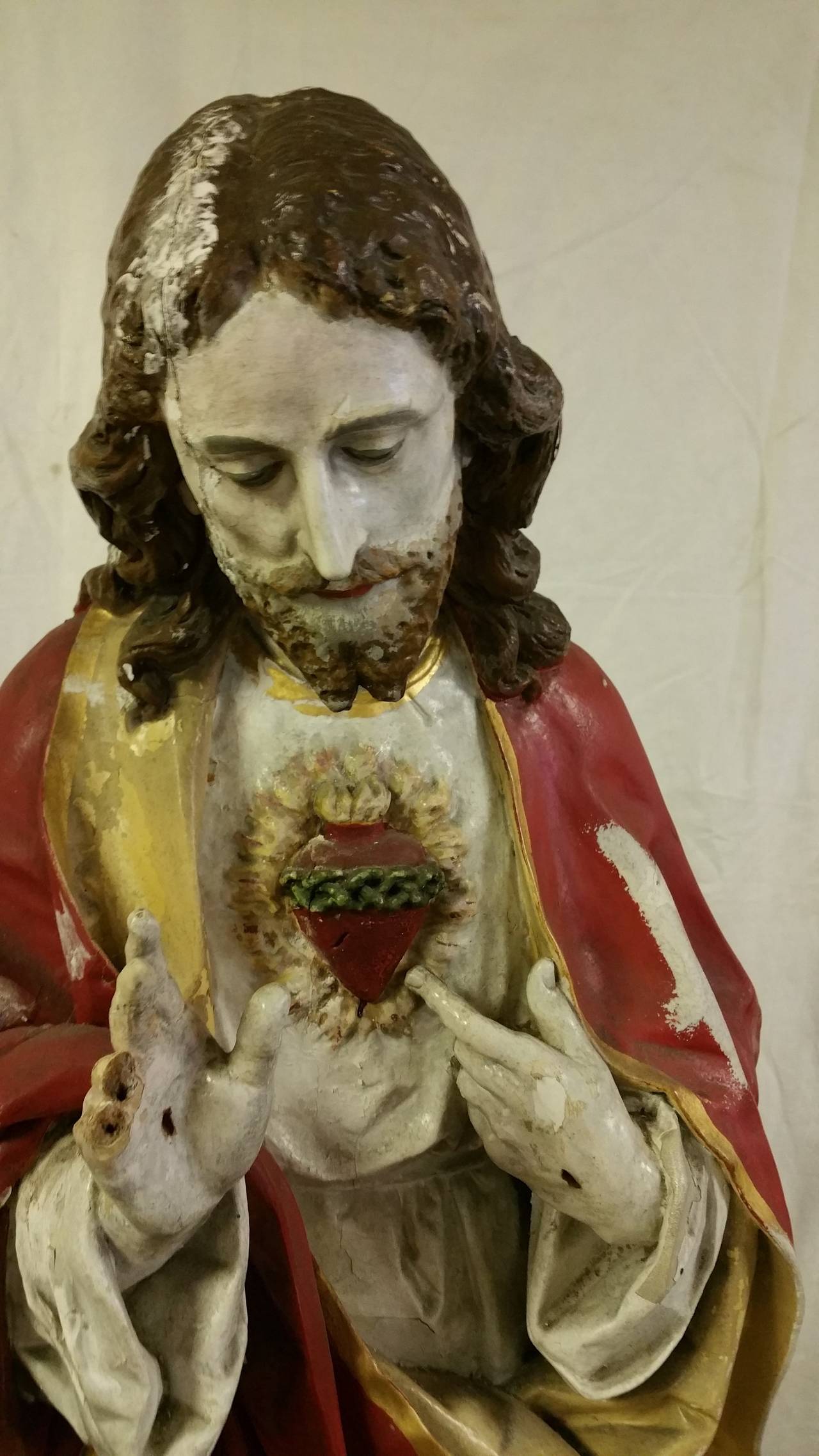 Folk Art Carved Wood Religious Statue, Sacred Heart of Jesus, Italy
