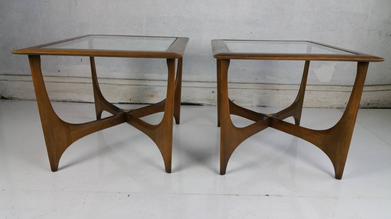 Pair of Mid-Century Modern Walnut and Glass Side Tables, Made by Lane 1