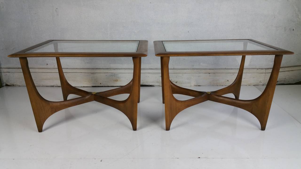 American Pair of Mid-Century Modern Walnut and Glass Side Tables, Made by Lane