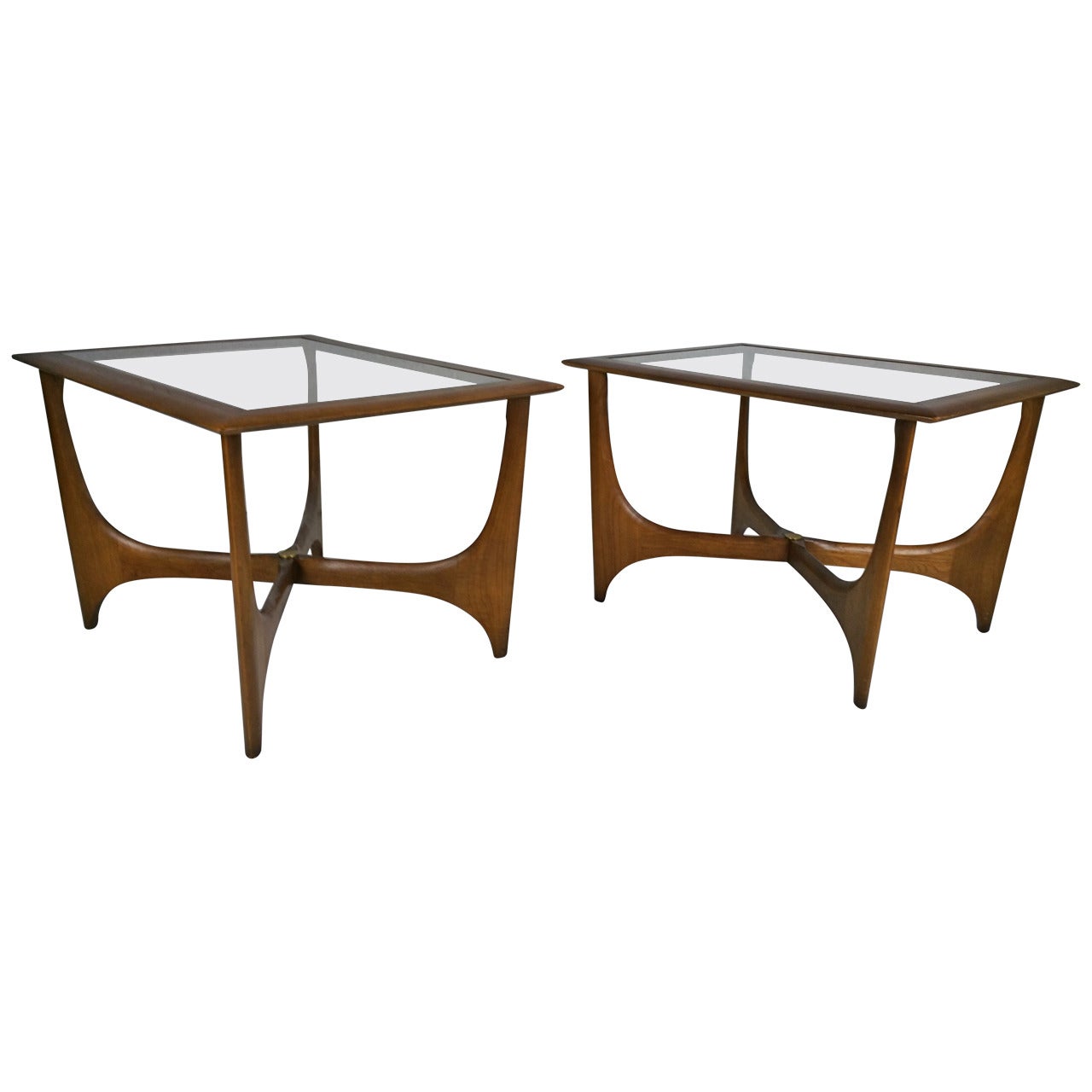 Pair of Mid-Century Modern Walnut and Glass Side Tables, Made by Lane