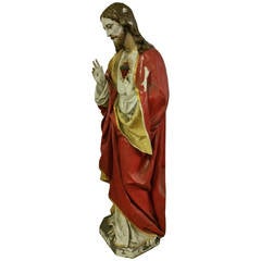 Carved Wood Religious Statue, Sacred Heart of Jesus, Italy