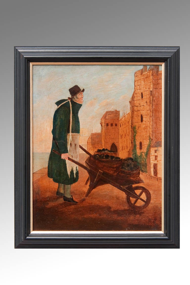This Naive picture tells a story about the hardships of working life in the 19th century. Its protagonist is a man wearing a green coat and a long face who has the backbreaking job of delivering sacks of coal by wheelbarrow, his labour taking place