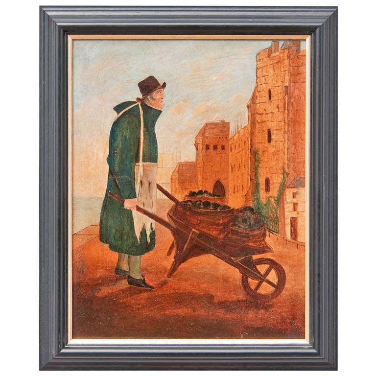 Coal Delivery by Wheelbarrow, a 19th Century Oil on Board For Sale