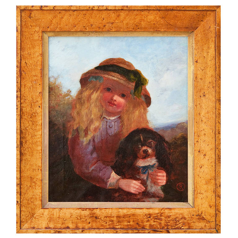 Oil on Canvas, Girl with a King Charles Spaniel For Sale