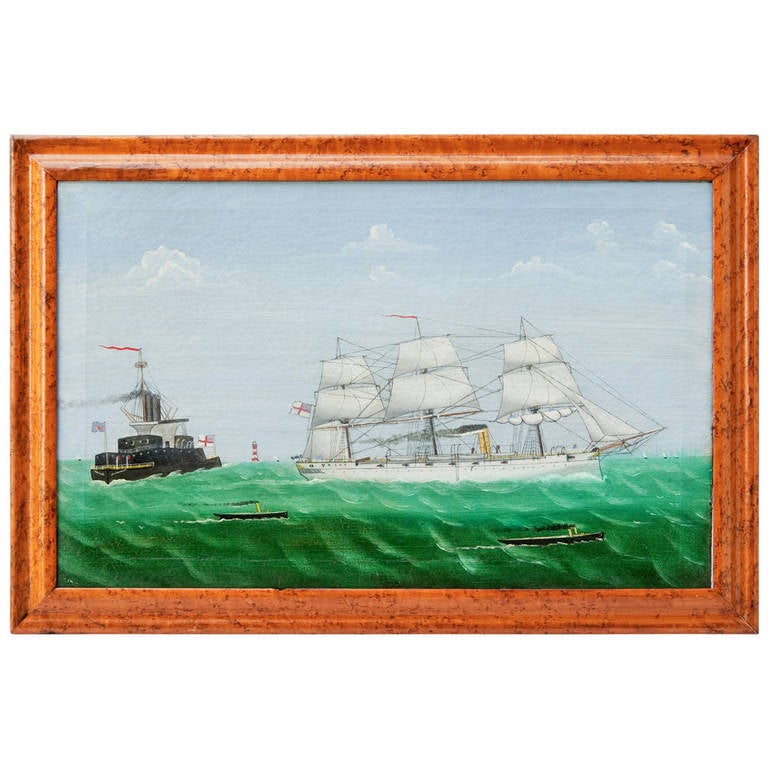 "Steam and Sail, Two Warships, " 19th Century Naive Oil on Canvas For Sale