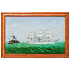 "Steam and Sail, Two Warships, " 19th Century Naive Oil on Canvas