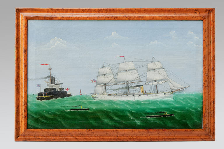 This wonderful naive marine picture was catalogue No.97 in 'The Art Services International Exhibition, 1996' founded in Alexandria, Virginia, to where it was lent from the Jane and Grierson Gower collection. This naive antique painting has a label