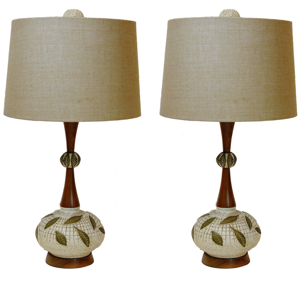 Pair of Mid-Century Modern Walnut and Ceramic Lamps