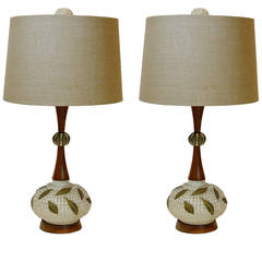 Pair of Mid-Century Modern Walnut and Ceramic Lamps 3