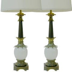 Pair of Regency Stiffel Ostrich Egg Lamps with Brass Sheaf of Wheat Details