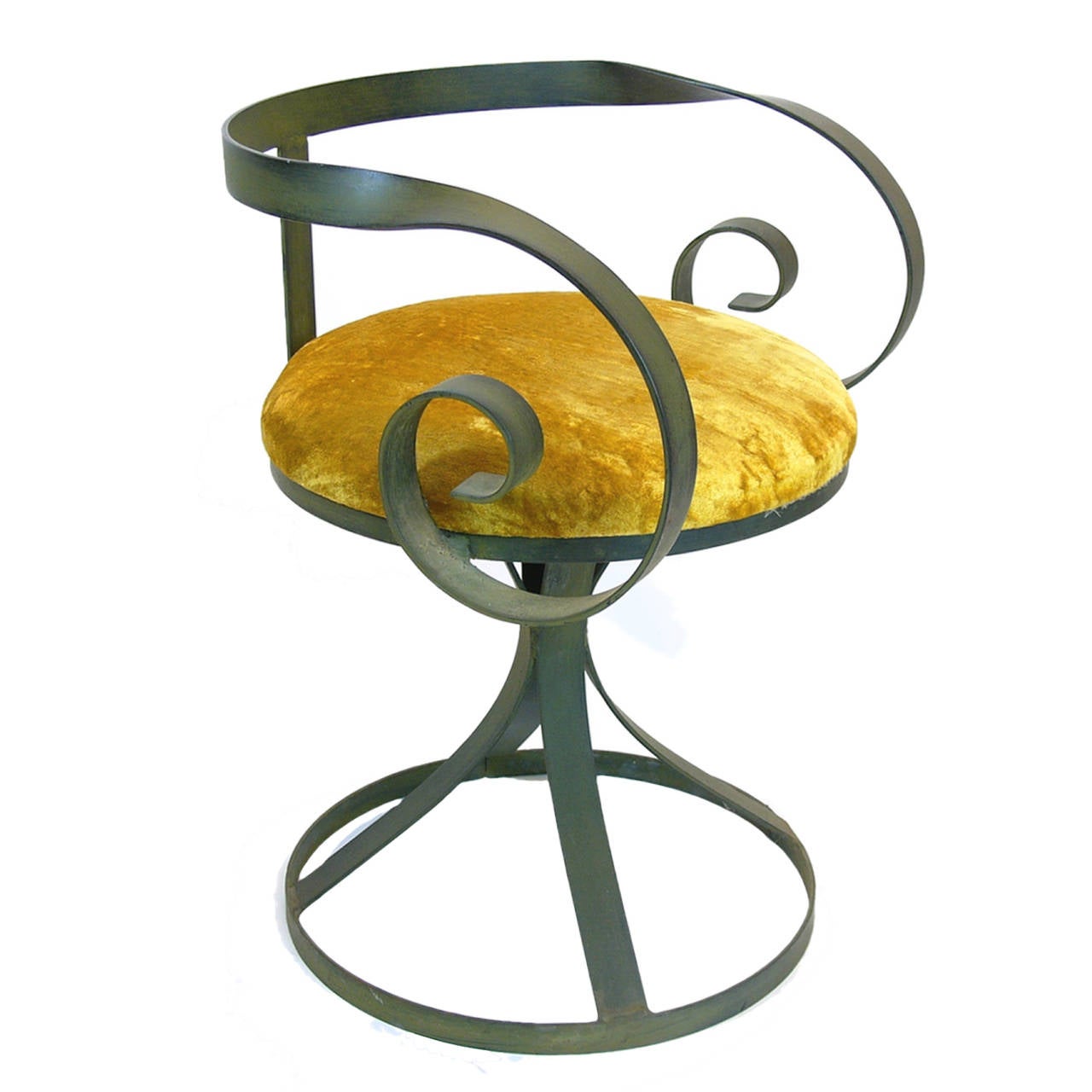 Very unique and heavy wrought iron swivel chairs with citrine yellow seat