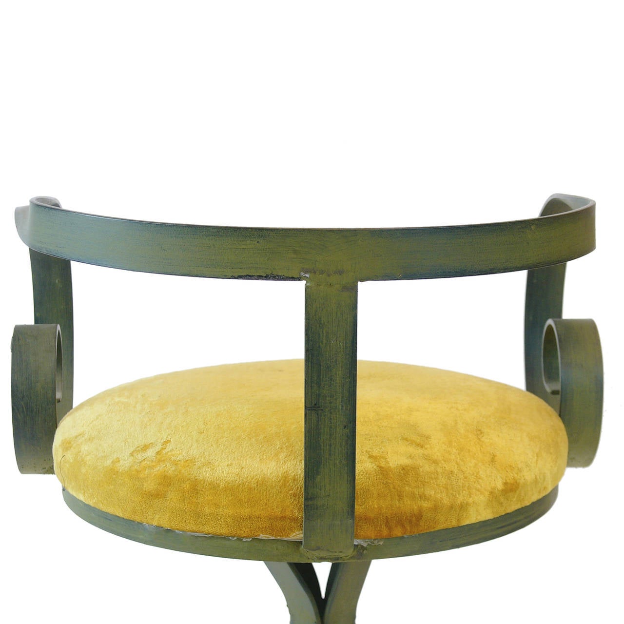 Pair of Regency Wrought Iron Curlicue Swivel Chairs in Green Patina Finish In Good Condition In Hudson, NY