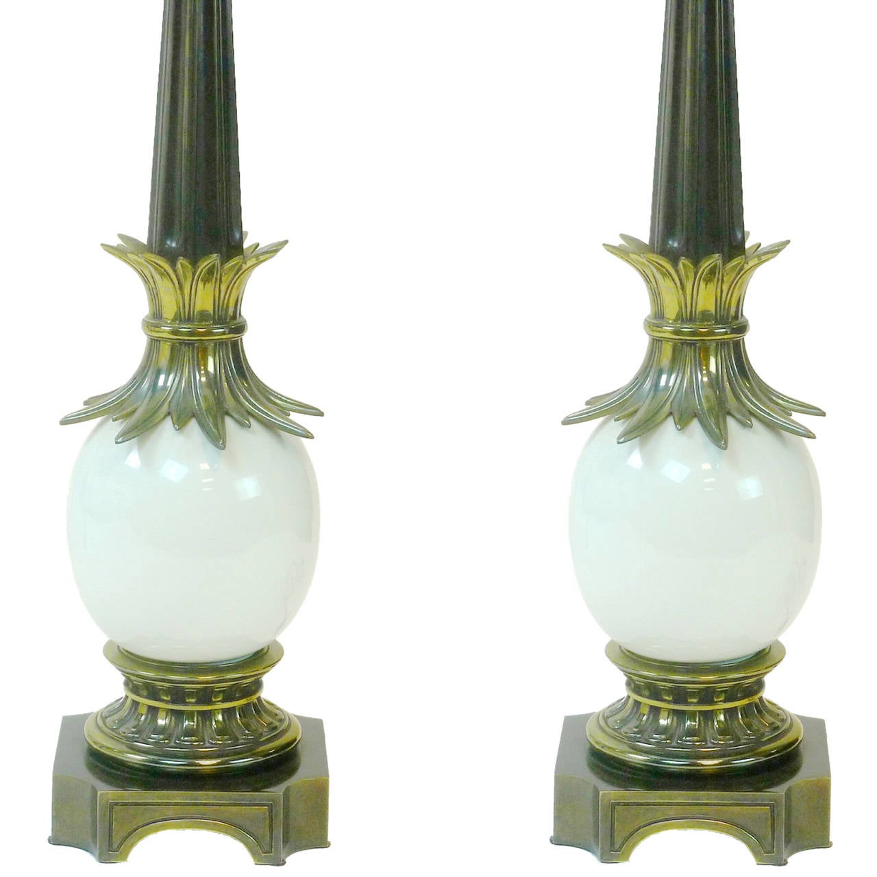 Hollywood Regency Pair of Regency Stiffel Ostrich Egg Lamps with Brass Sheaf of Wheat Details