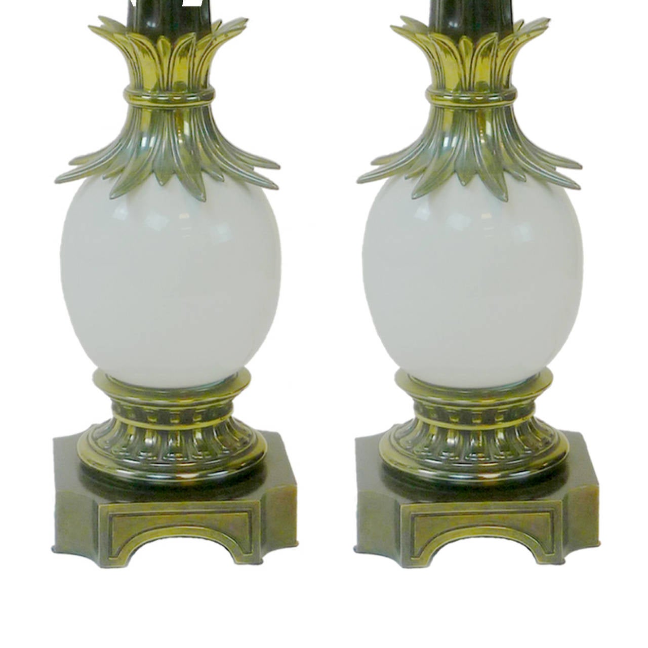 American Pair of Regency Stiffel Ostrich Egg Lamps with Brass Sheaf of Wheat Details