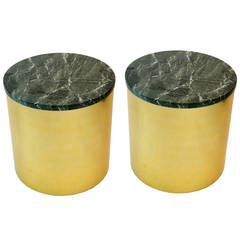 Pair of Paul Mayen Cylindric Brass and Green Marble End Tables