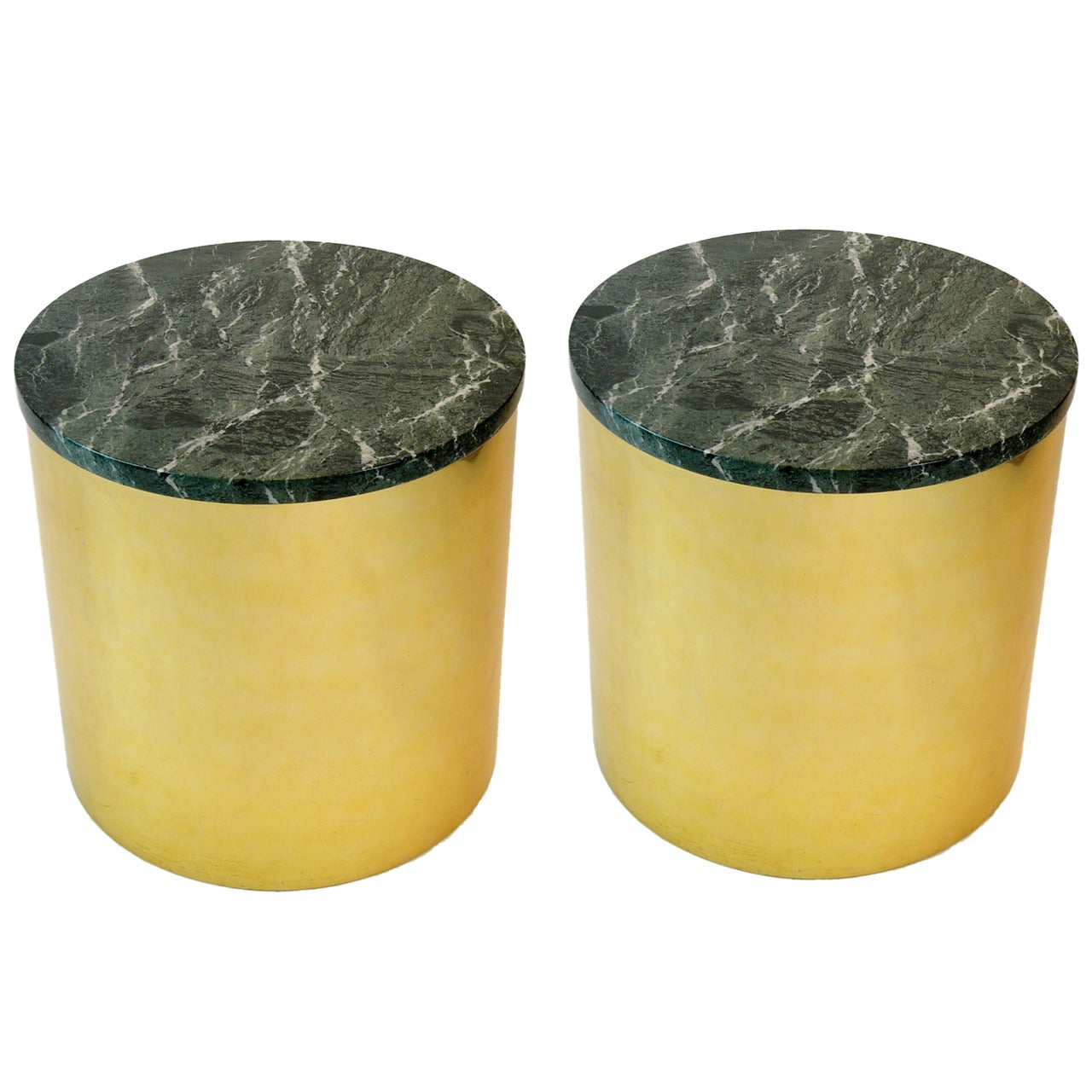 Pair of Paul Mayen Cylindric Brass and Green Marble End Tables