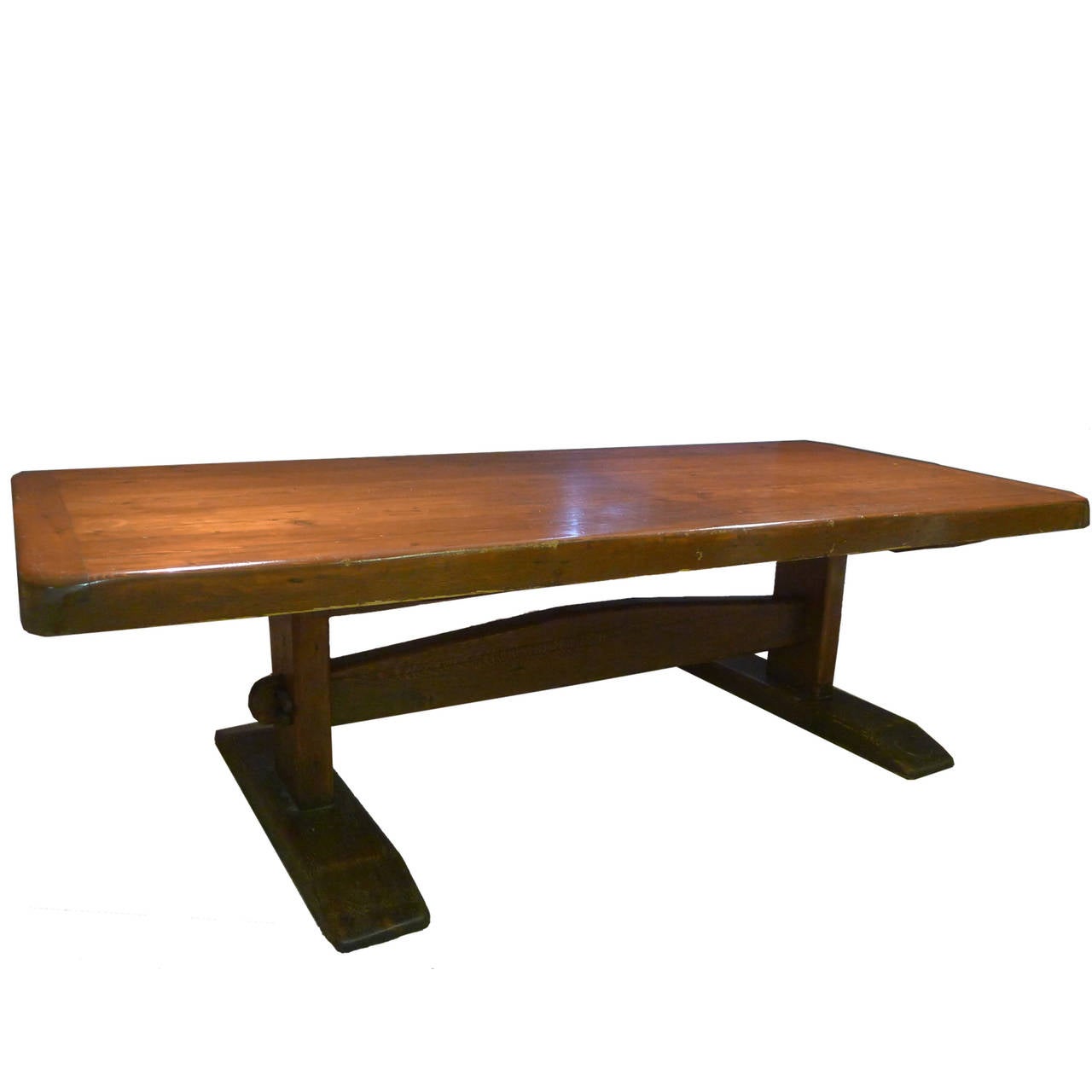 Stained Monumental 8 1/2 Foot Long Early American Solid Pine Trestle Farm or Work Table