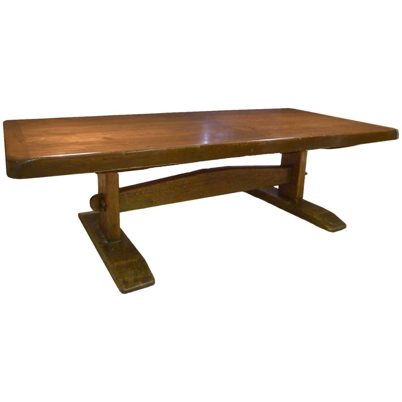 Monumental 8 1/2 Foot Long Early American Solid Pine Trestle Farm Table