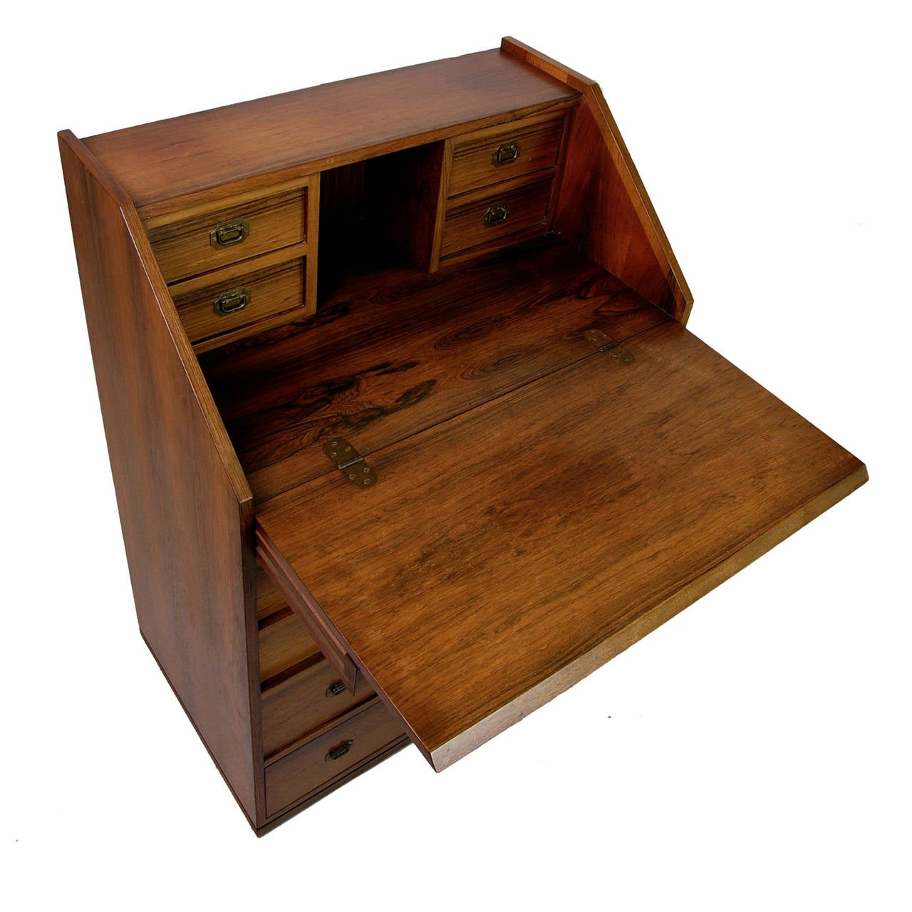 A very functional rosewood secretary desk in the Campaign style with brass pulls and mahogany drawer interiors. 