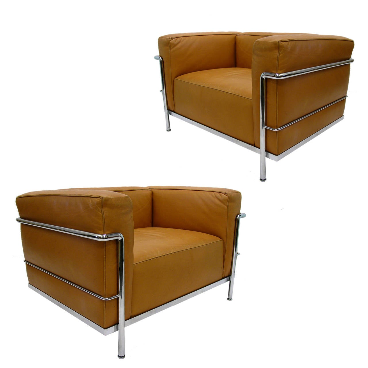 Le Corbusier LC3 Saddle Tan Leather "Grand Comfort" Lounge Chairs by Cassina