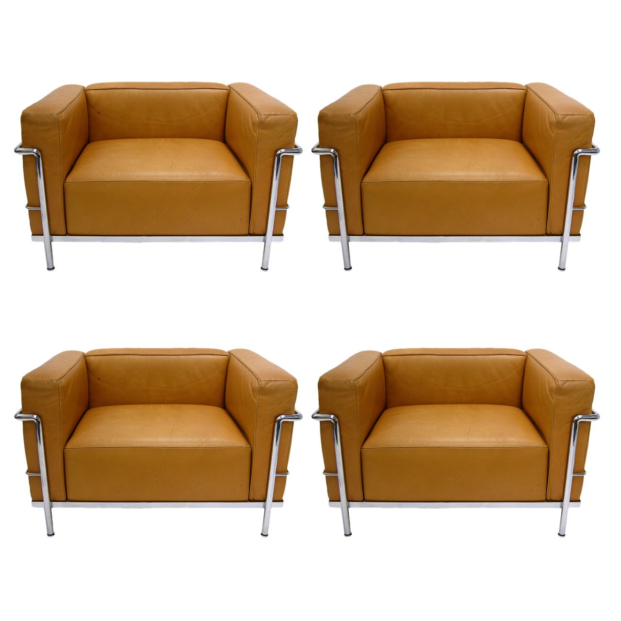 Le Corbusier LC3 Saddle Tan Leather "Grand Comfort" Lounge Chairs by Cassina