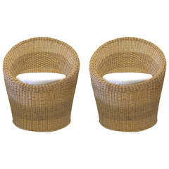 Pair of Woven Wicker Pod Chairs with Haitian Cotton Seat Cushions