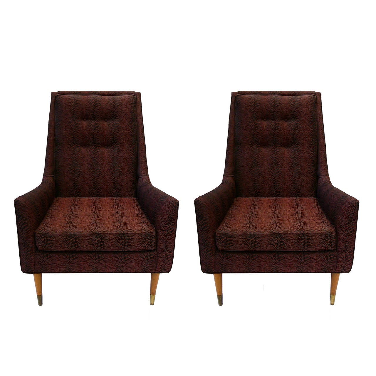 Stunning early Milo Baughman chairs in a lovely python patterned upholstery. Python pattern is black and a red clay color. Foam and upholstery are both in excellent condition. 