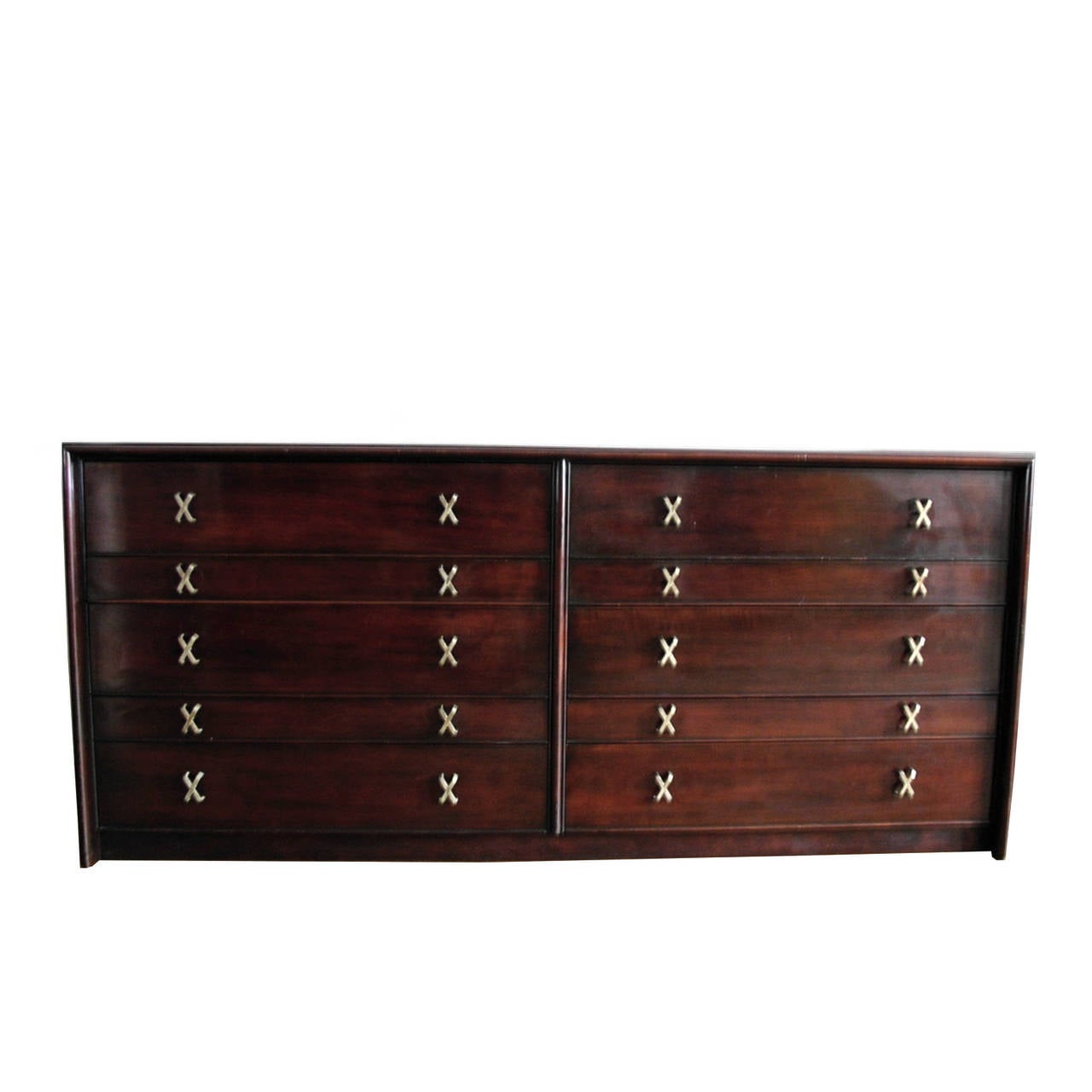Paul Frankl for Johnson Furniture Mahogany Ten-Drawer Dresser with X Pulls In Good Condition In Hudson, NY