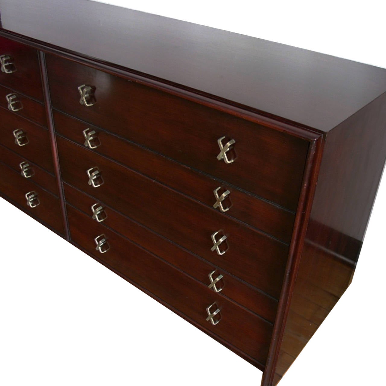 American Paul Frankl for Johnson Furniture Mahogany Ten-Drawer Dresser with X Pulls
