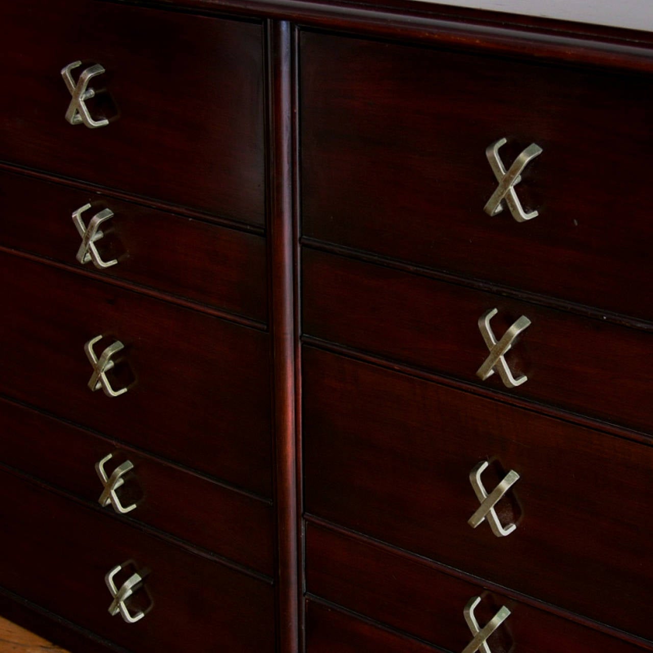 Mid-Century Modern Paul Frankl for Johnson Furniture Mahogany Ten-Drawer Dresser with X Pulls